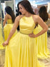A Line Halter Yellow Satin Prom Dress With Beadings LBQ3964